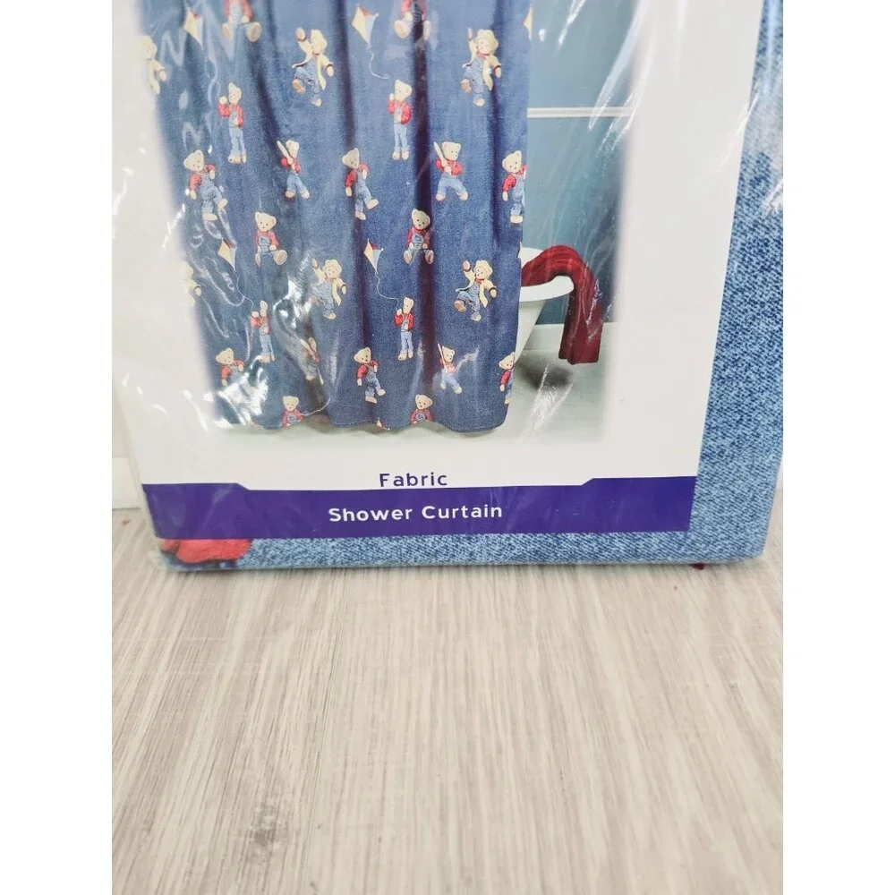 Home Essentials Blue Jean Teddy Bear Fabric Vintage 90s Shower Curtain Polyester